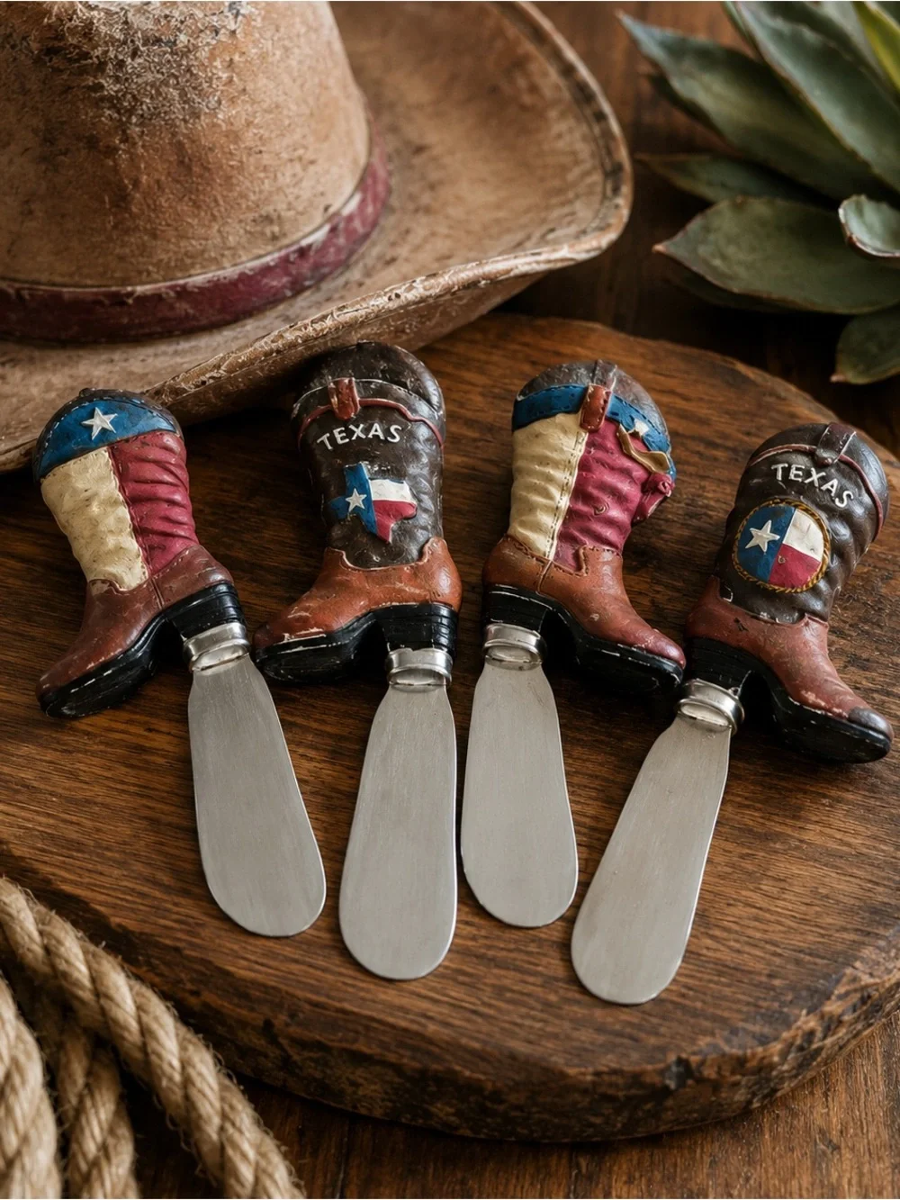 Texas Cowboy Boot Cheese Spreader Set w/ Cowboy Hat Holder Western Decor